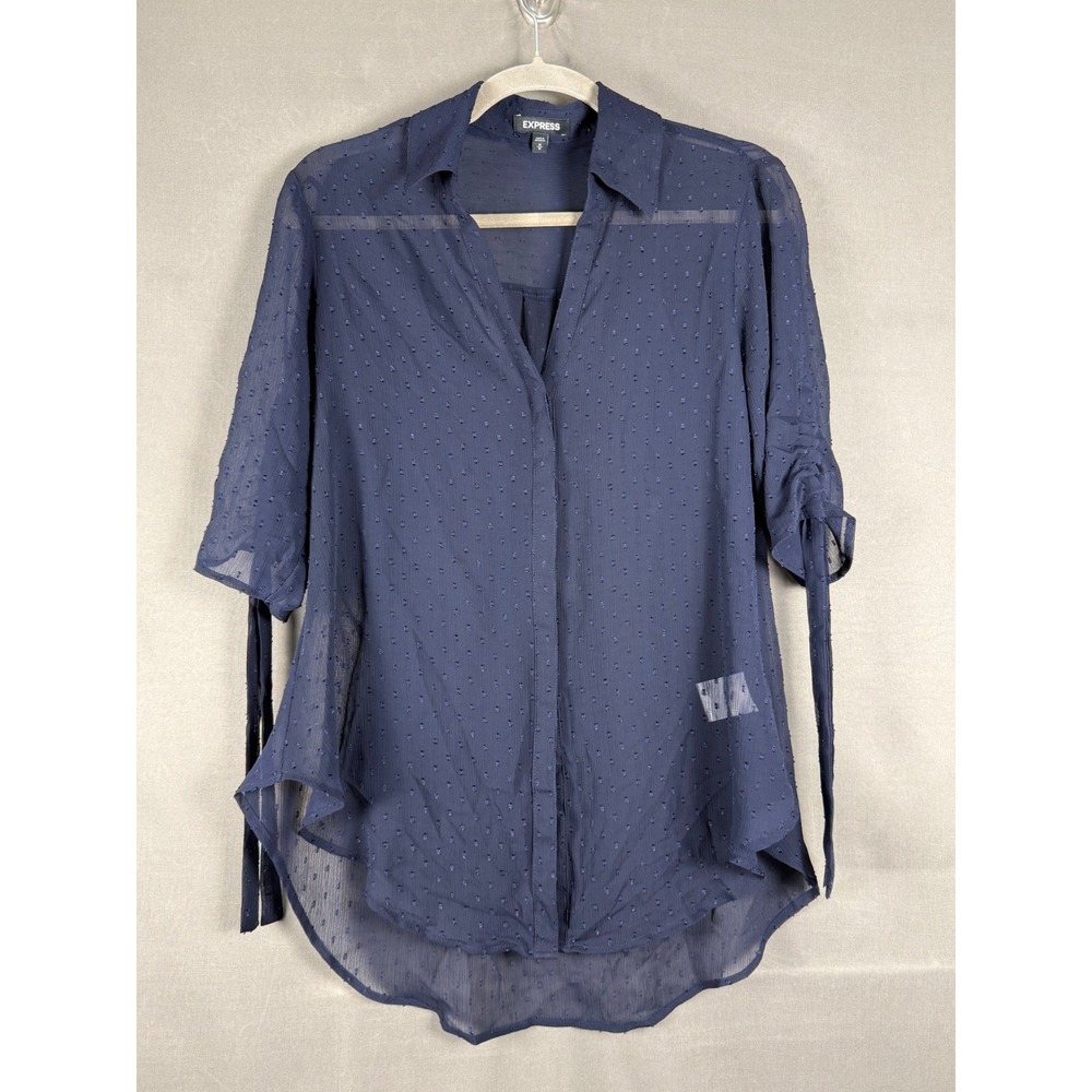 Express Blouse Women Medium Navy Blue Swiss Dot Ruched Tie Sleeve Chiffon Top